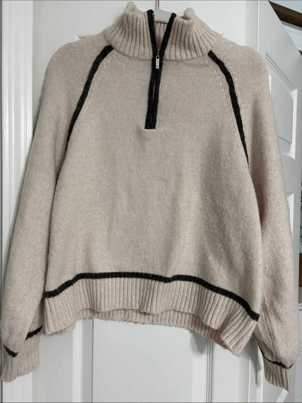 Cream Half-Zip Turtleneck Sweater with Black Trim